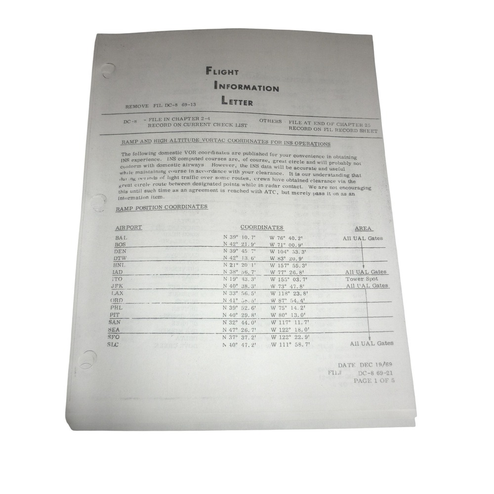 1969 United Air Lines DC-8 INS Flight Information Letter VORTAC Coordinates